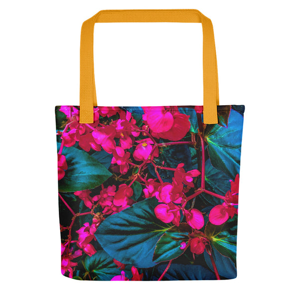 Broody Begonias floral tote bag with yellow handle