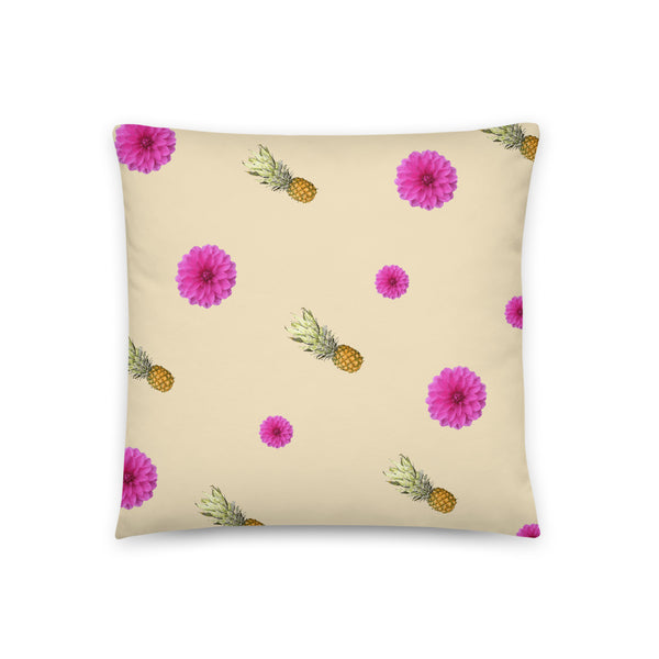 Pink flowers and pineapples patterned cushion or pillow in cream background