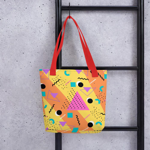 Orange Retro Abstract Memphis 80s Style tote bag with red handle