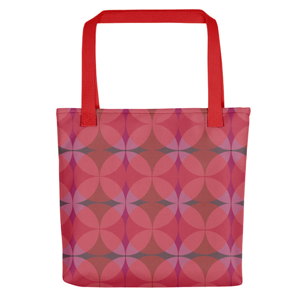 red 50s style Mid-Century Modern Circles Cranberry pattern tote bag with red handle