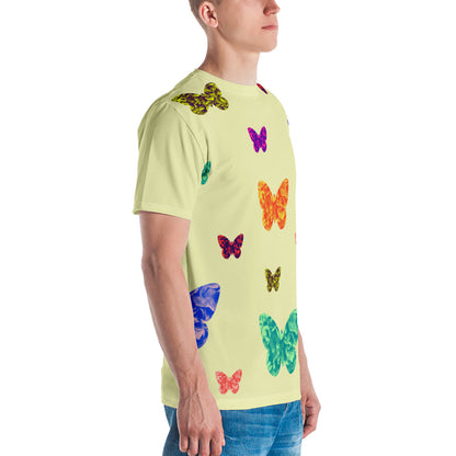 Mens light yellow t-shirt with colorful butterflies