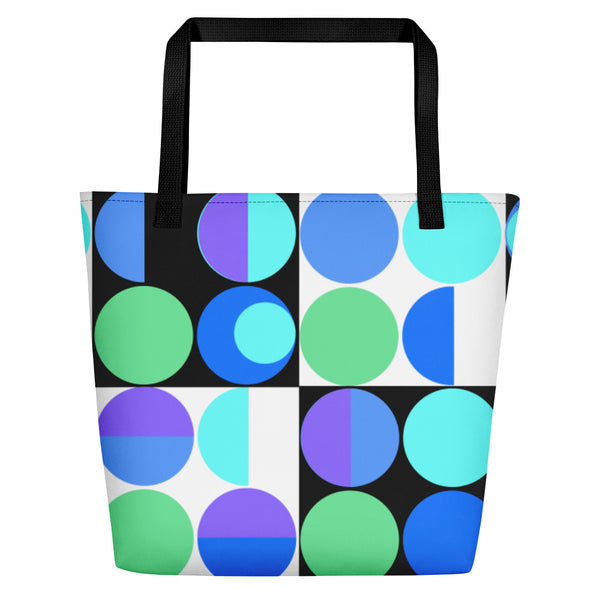 etro abstract design Blue Bauhaus Retro Abstract Memphis Style beach tote bag with black handle