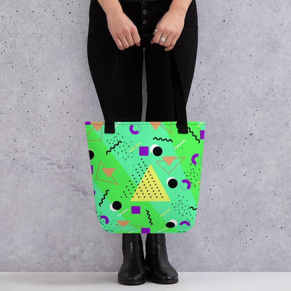 Neon Green Retro Abstract Memphis 80s Style tote bag with black handle