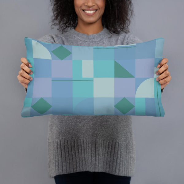 Azure Mid Century Modern Shapes sofa cushion or throw pillow with a muted blue geometric pattern design.
