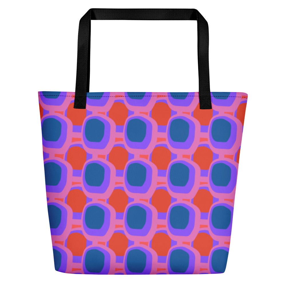 Retro abstract design Pink Blue Orange Retro Abstract beach tote bag with black handle