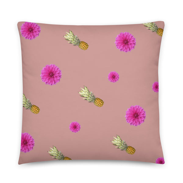 Pink flowers and pineapples patterned cushion or pillow in pink background
