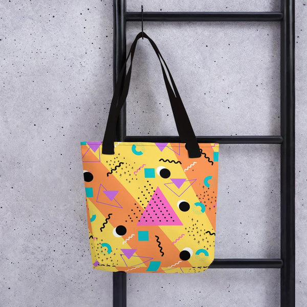 Orange Retro Abstract Memphis 80s Style tote bag with black handle