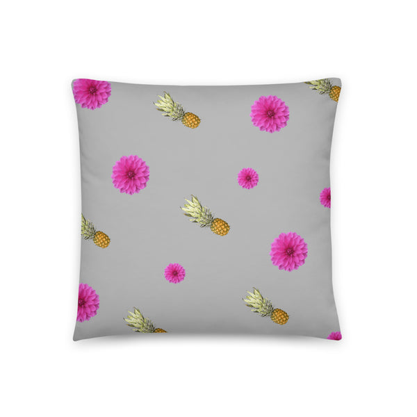 Pink flowers and pineapples patterned cushion or pillow in grey background