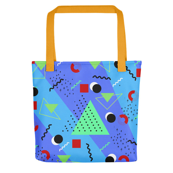 Azure Blue Retro Abstract Memphis 80s Style tote bag with yellow handle