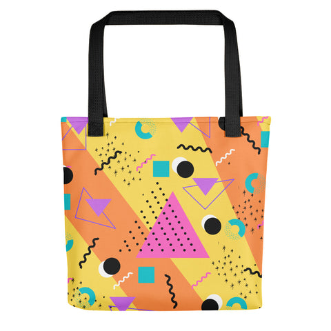 Orange Retro Abstract Memphis 80s Style tote bag with black handle