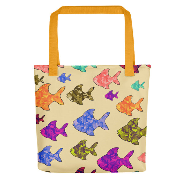 Rainbow fish tote bag with yellow handle
