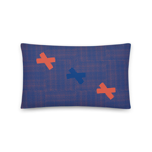 America Country Sofa Navy Cushion Throw Pillow with an orange and navy blue woven fabric effect design featuring a small number of orange and navy patches