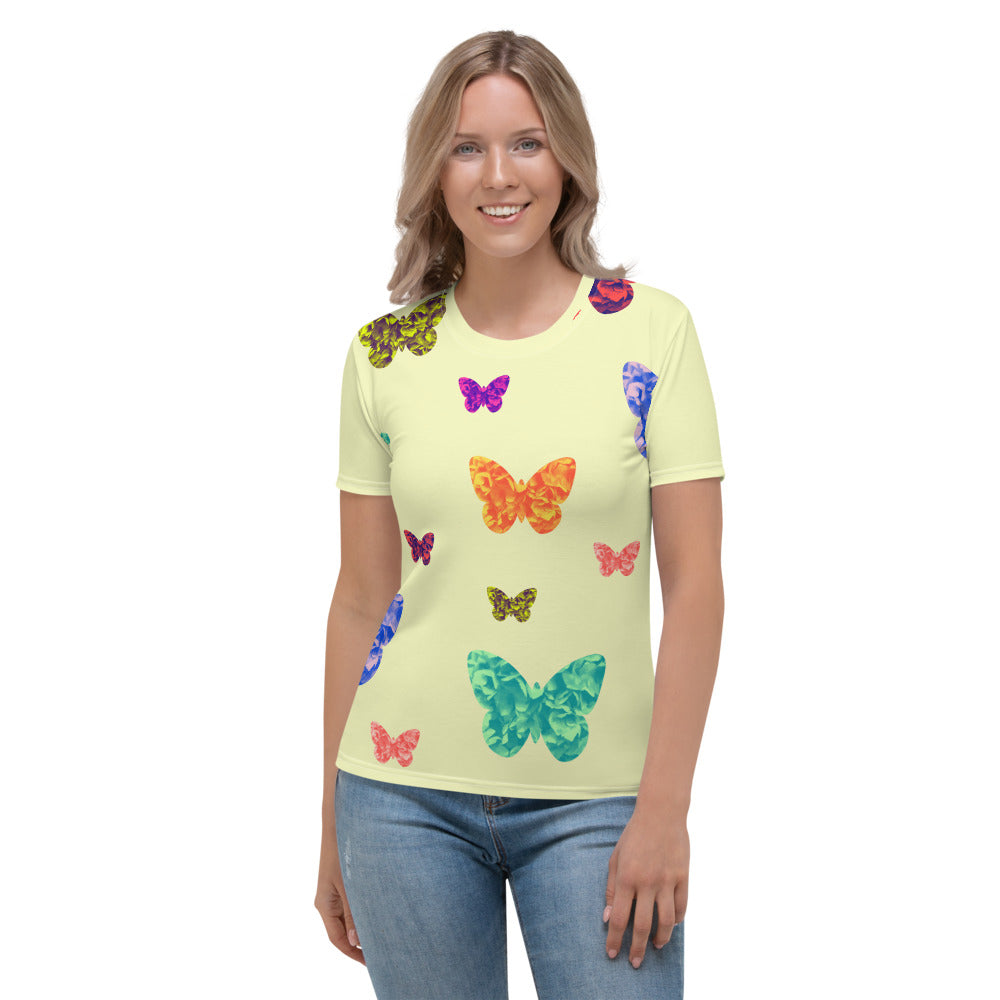 Womens pale yellow t-shirt with colorful butterflies