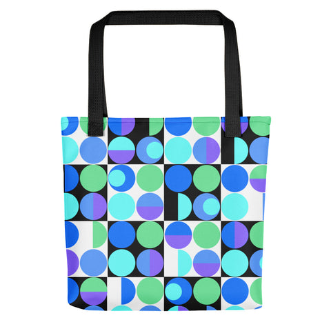 Blue Bauhaus Retro Abstract Memphis Style tote bag with black handle
