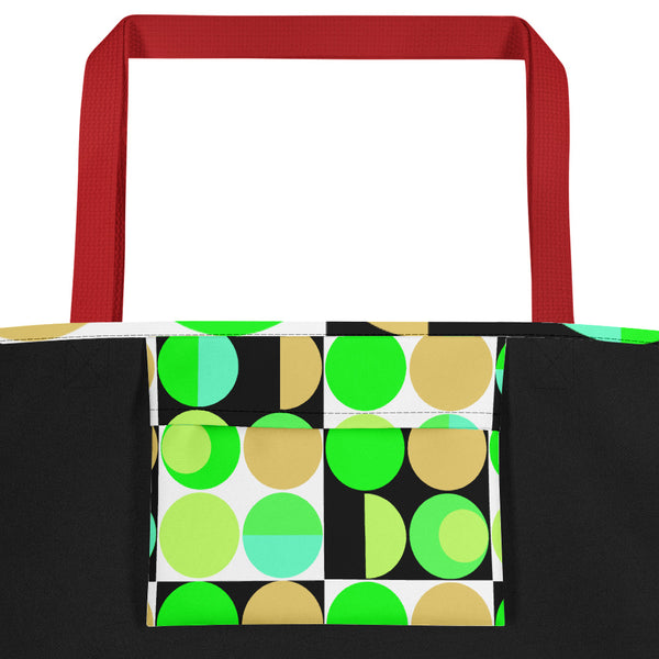 etro abstract design Yellow Bauhaus Retro Abstract Memphis Style beach tote bag with red handle