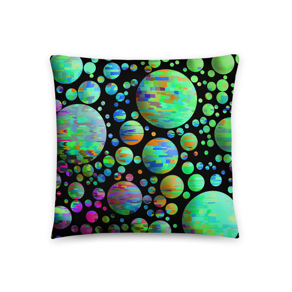 Multicolored planet shapes on black background cushion or pillow