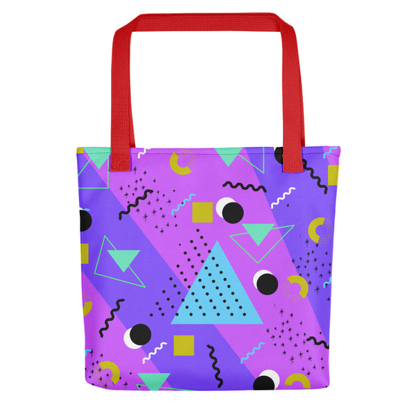Vivid Purple Retro Abstract Memphis 80s Style tote bag with red handle