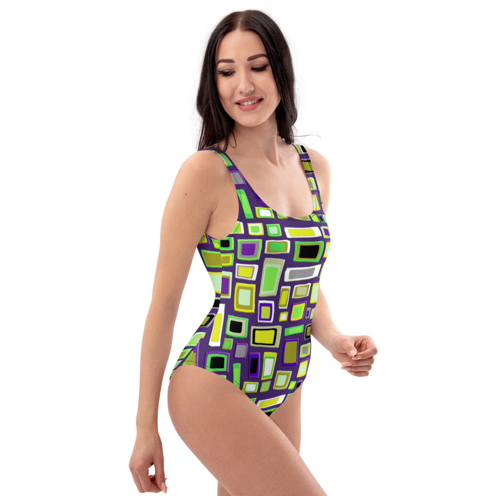 One-Piece Swimsuit | Yellow Purple Seventies Retro Style