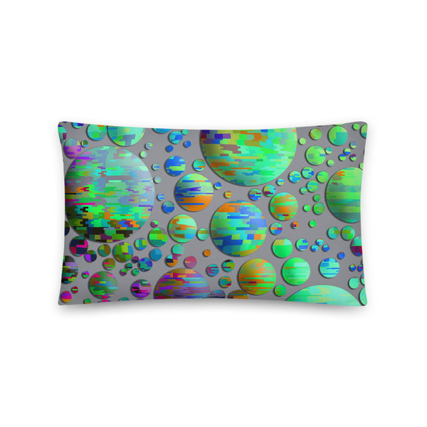 Multicolored planet shapes on grey background cushion or pillow