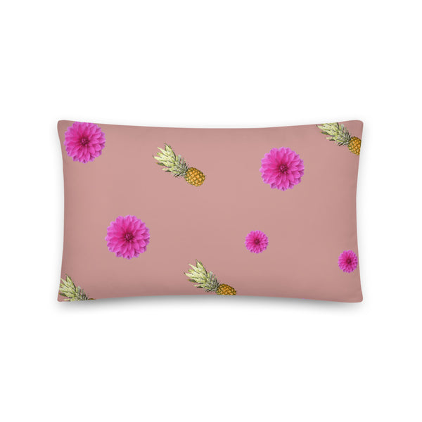 Pink flowers and pineapples patterned cushion or pillow in pink background