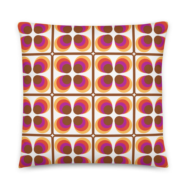 Yellow, orange, pink and brown sunset colors retro Seventies tiles pattern with white background sofa cushion or throw pillow
