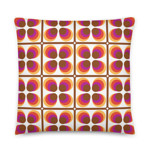 Yellow, orange, pink and brown sunset colors retro Seventies tiles pattern with white background sofa cushion or throw pillow