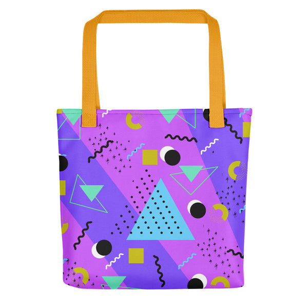 Vivid Purple Retro Abstract Memphis 80s Style tote bag with yellow handle