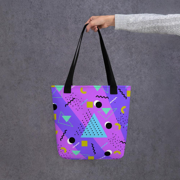 Vivid Purple Retro Abstract Memphis 80s Style tote bag with black handle]