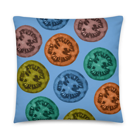 Multicolored tomatoes basic cushion or pillow in blue