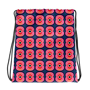 70s style Pink Retro Poppies abstract design. drawstring bag
