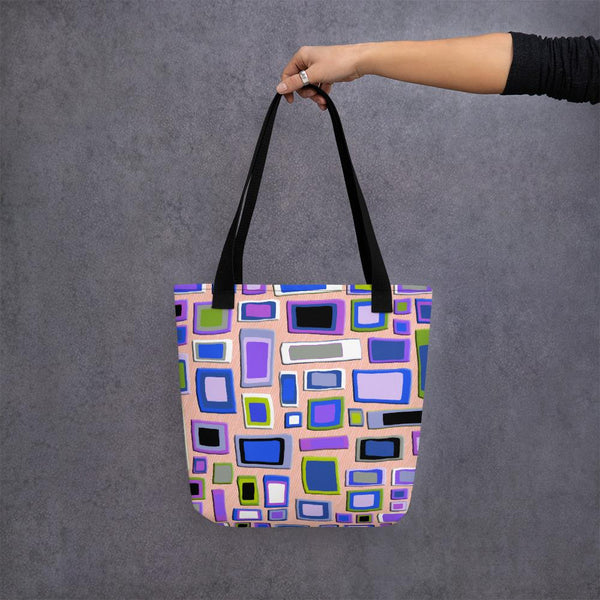 Tote bag | Purple Geometric Mid Century Style with black handle
