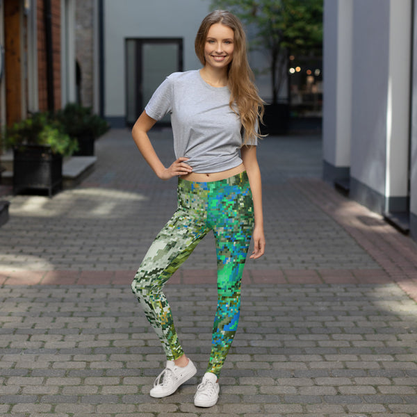 green and turquoise abstract patterned leggings
