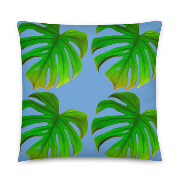 monstera or swiss cheese plant cushion or pillow with blue background