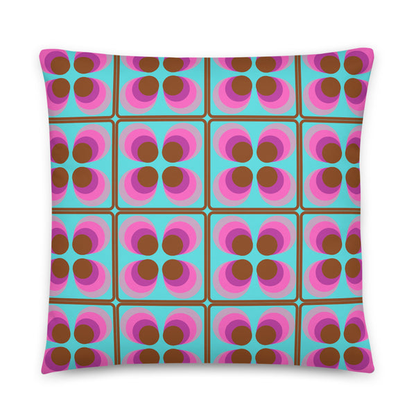 Pink and Brown Retro Seventies Tiles Pattern with Blue Background sofa cushion throw pillow