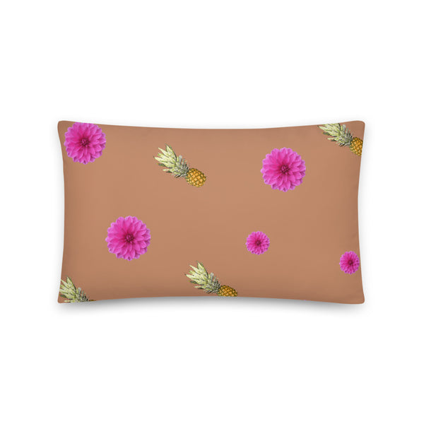 Pink flowers and pineapples patterned cushion or pillow in green background