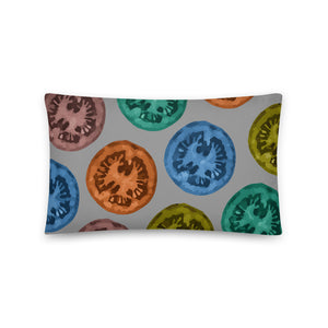 Multicolored tomatoes basic cushion or pillow in grey
