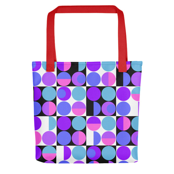 Purple Bauhaus Retro Abstract Memphis Style tote bag with red handle