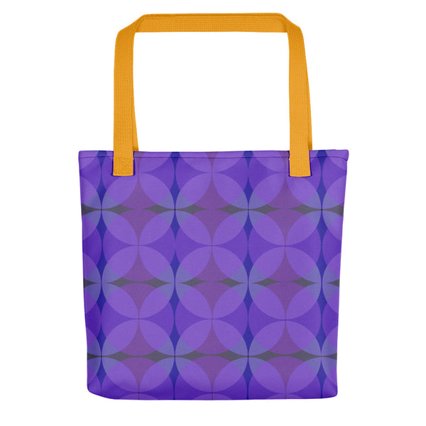 purple 50s style Mid-Century Modern Circles Magenta pattern tote bag with yellow handle