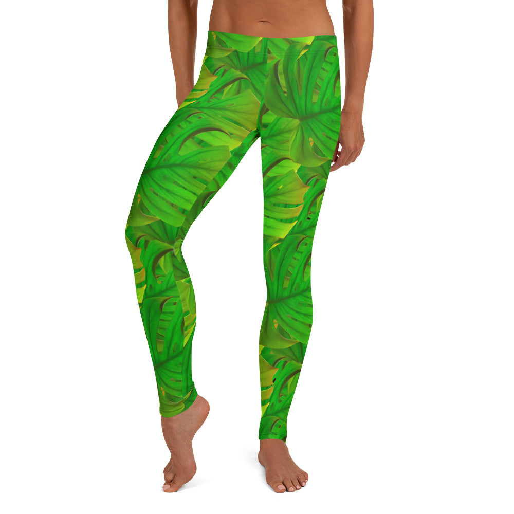 Green monstera patterned leggings