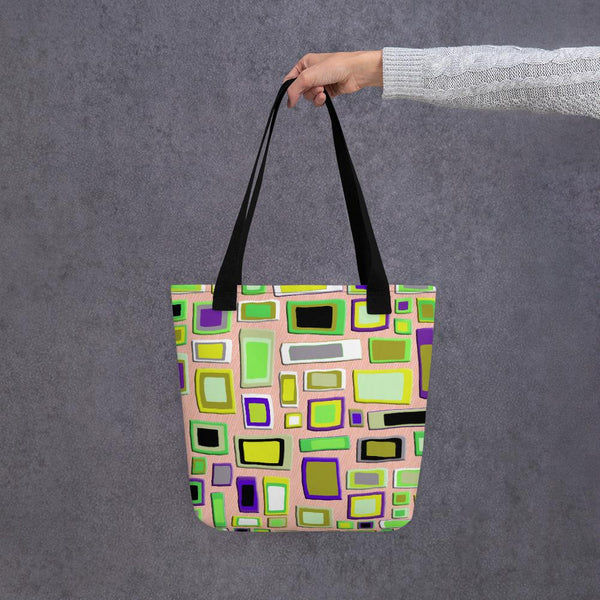 Tote bag | Yellow Geometric Mid Century Style with black handle