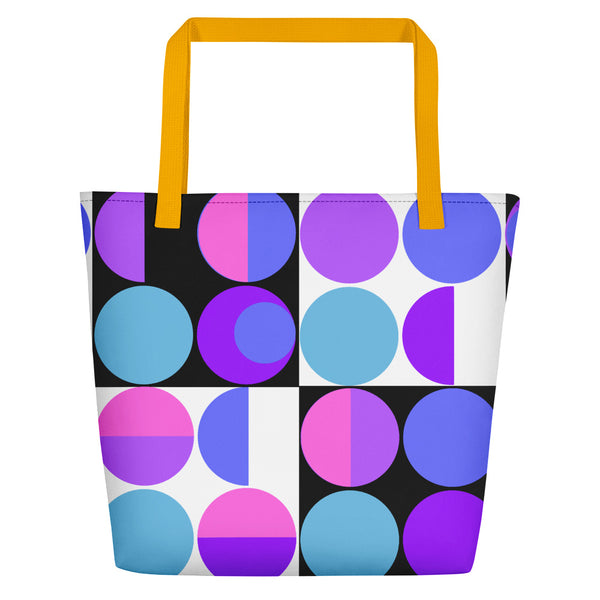 retro abstract design Purple Bauhaus Retro Abstract Memphis Style beach tote bag with yellow handle