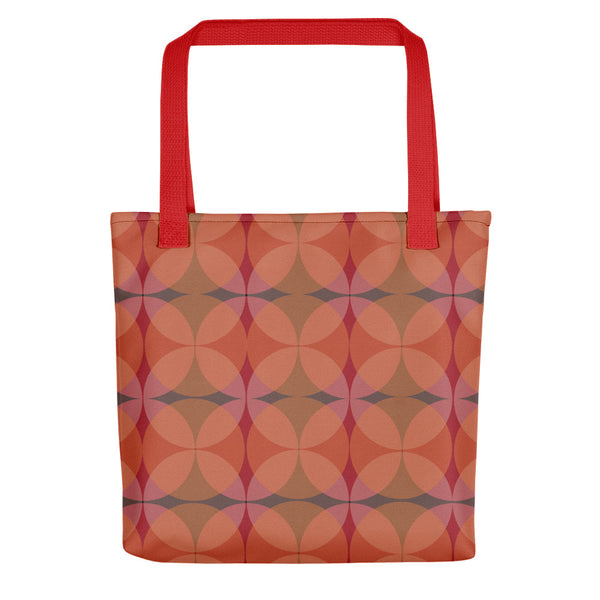 orange 50s style Mid-Century Modern Circles Mandarin tote bag with red handle