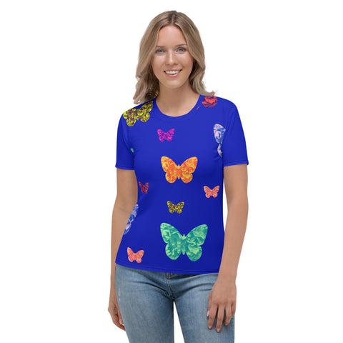 Womens blue t-shirt with colorful butterflies
