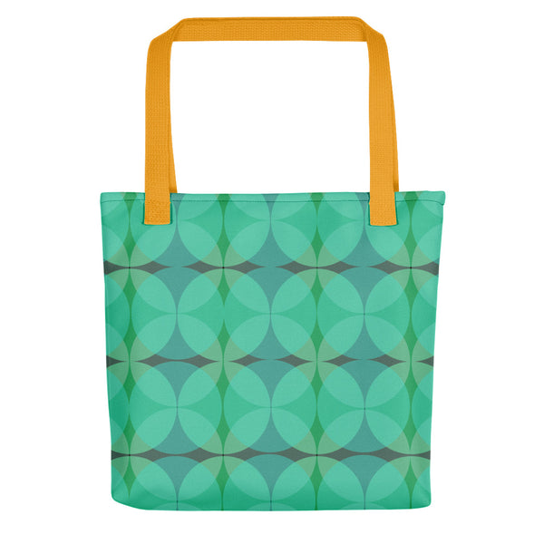  green 50s style Mid-Century Modern Circles Emerald tote bag with yellow handle