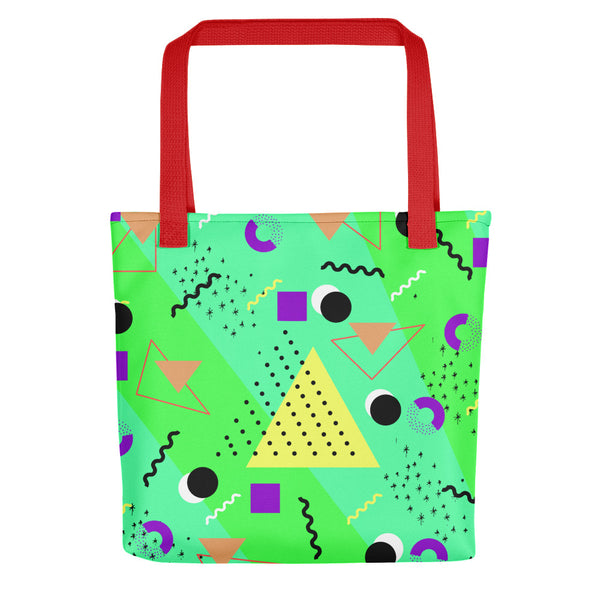 Neon Green Retro Abstract Memphis 80s Style tote bag with red handle