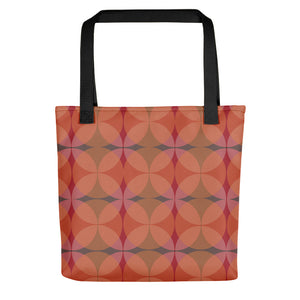 orange 50s style Mid-Century Modern Circles Mandarin tote bag with black handle