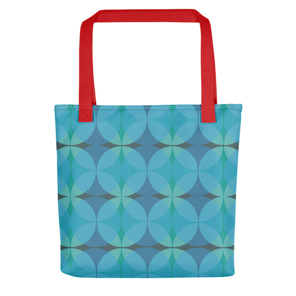 blue 50s style Mid-Century Modern Circles Indigo tote bag with red handle
