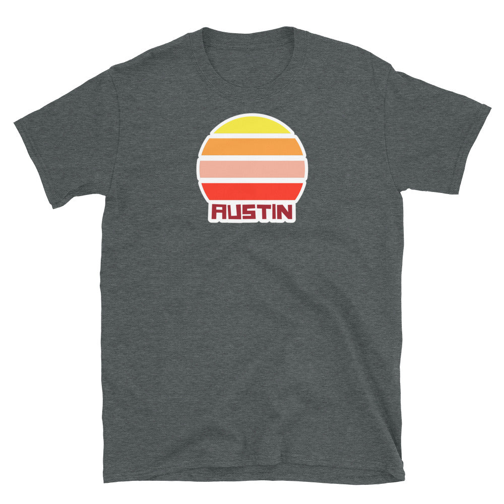 retro vintage sunset style t-shirt entitled Austin in dark heather