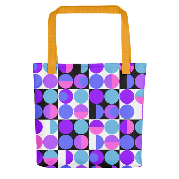Purple Bauhaus Retro Abstract Memphis Style tote bag with yellow handle