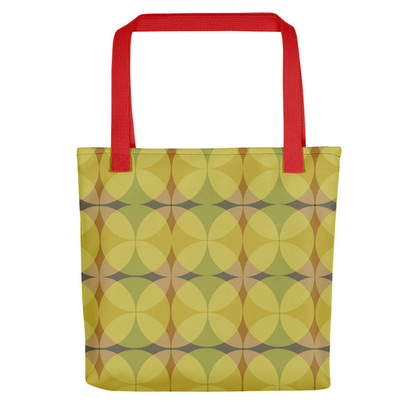 yellow 50s style Mid-Century Modern Circles Mustard pattern tote bag with red handle
